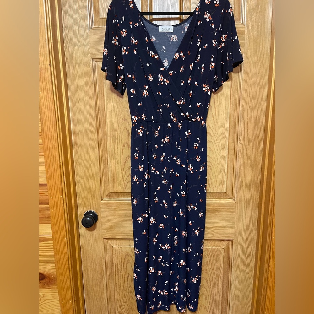 Kaileigh Delaney Knit Cropped Jumpsuit Navy print size XL